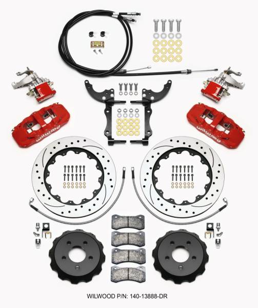 Wilwood - Wilwood AERO4 / MC4 Rear Kit 14.00 Drilled Red 2015-Up Mustang w/Lines & Cables