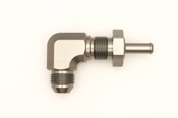 DeatschWerks - DeatschWerks 8AN Male Flare To 5/16in. Male Barb Bulkhead Adapter 90-Degree (Incl. Nut)